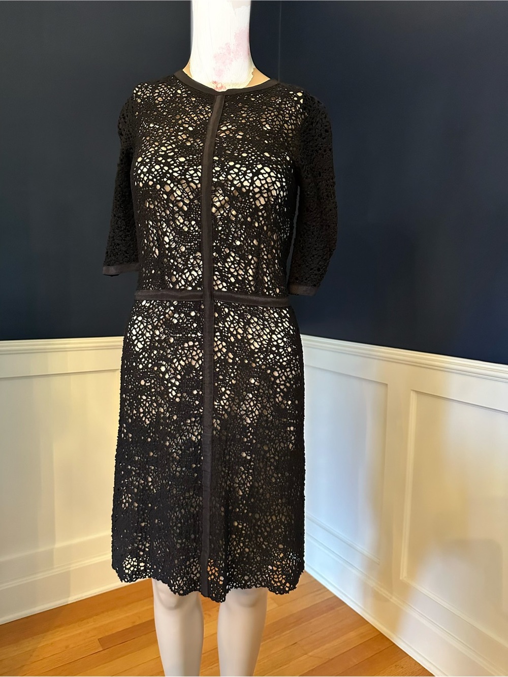 Black Crochet Lace A-Line Dress (with optional silk champagne-colored slip)